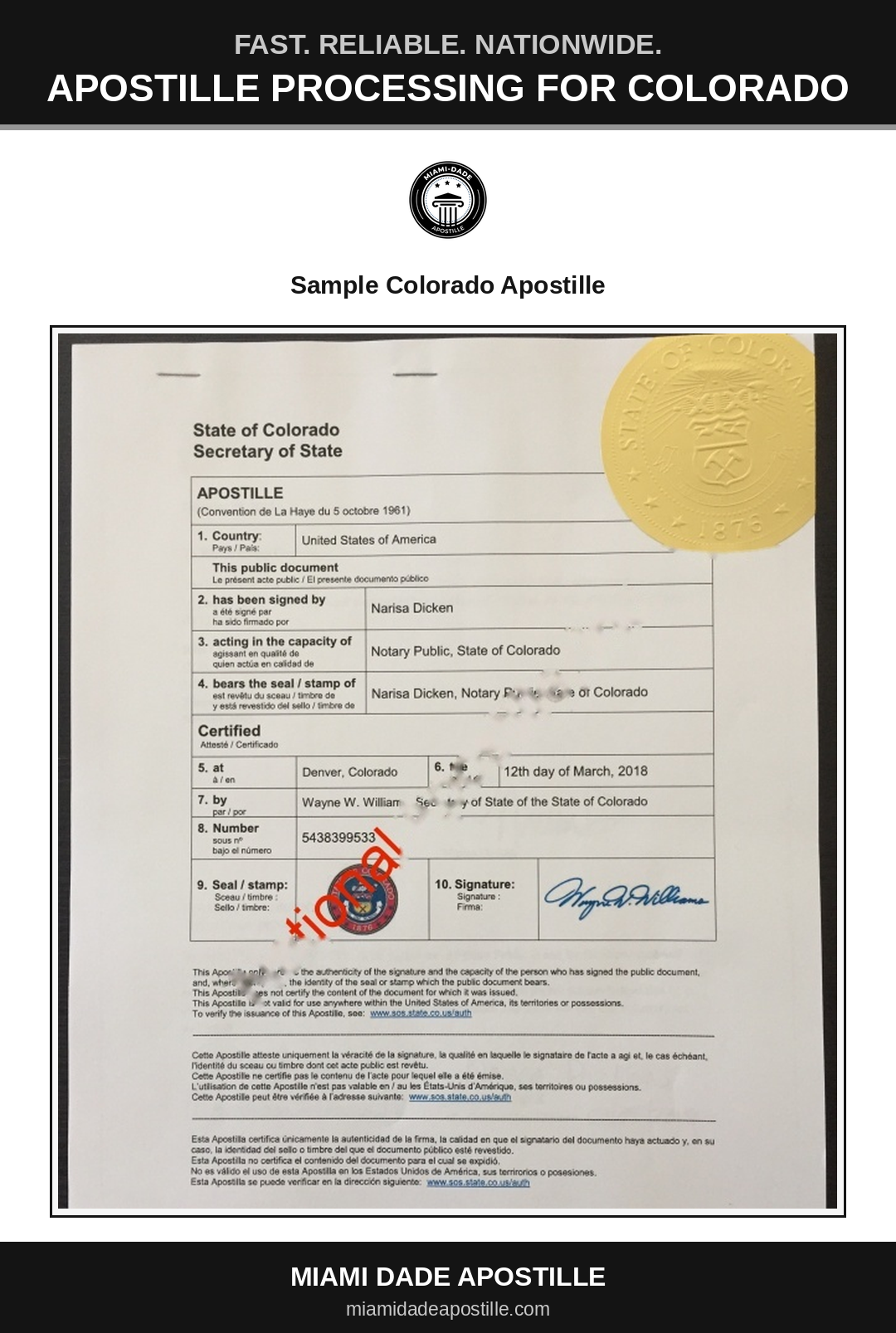 Example of a Colorado apostille certificate shown in a Miami Dade Apostille reference image