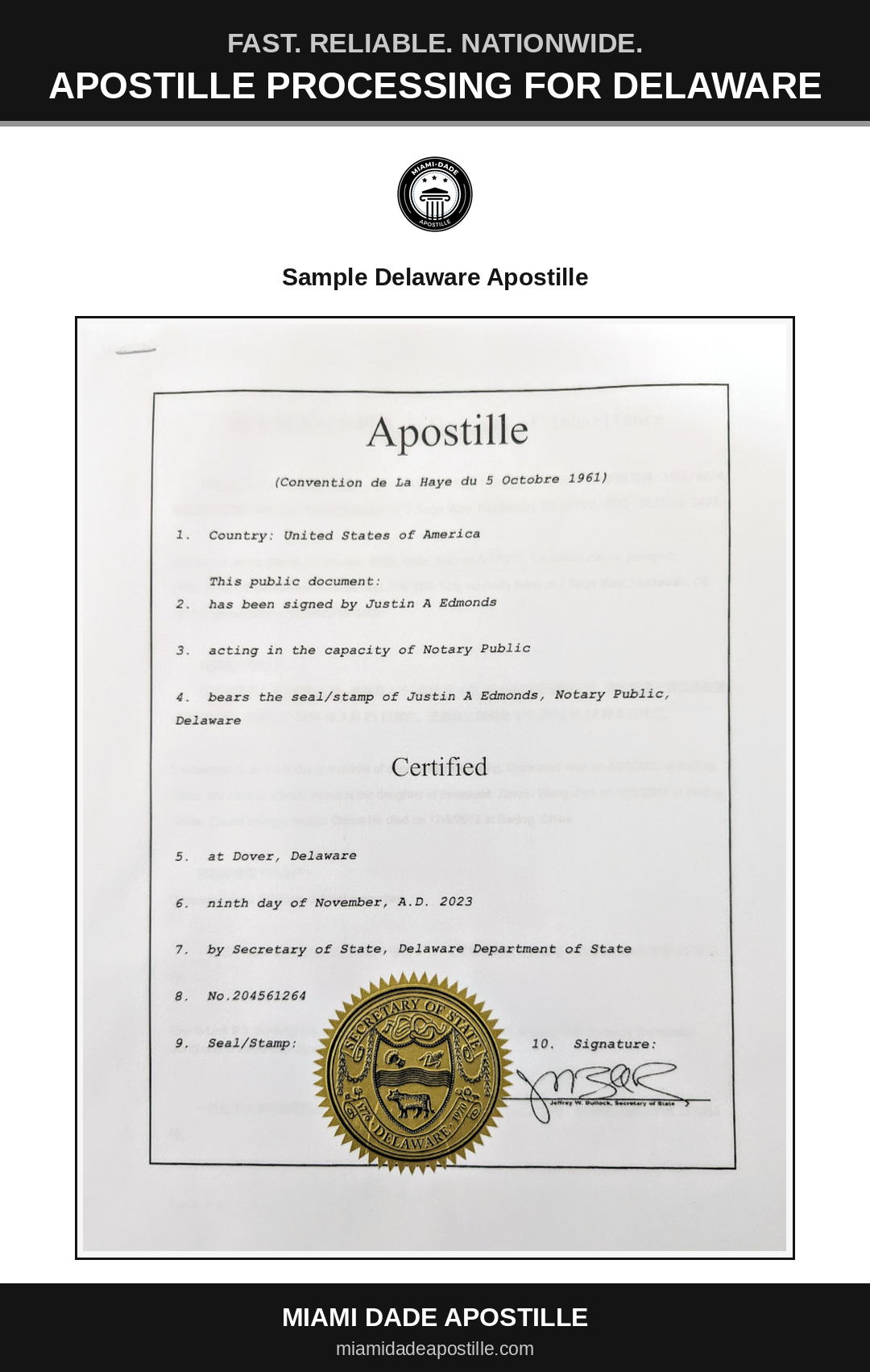 Example of a Delaware apostille certificate shown in a Miami Dade Apostille reference image