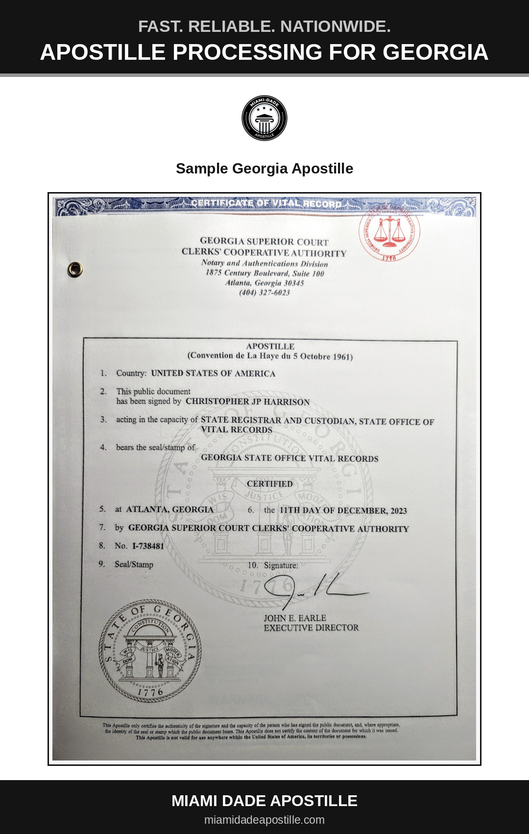 Example of a Georgia apostille certificate shown in a Miami Dade Apostille reference image