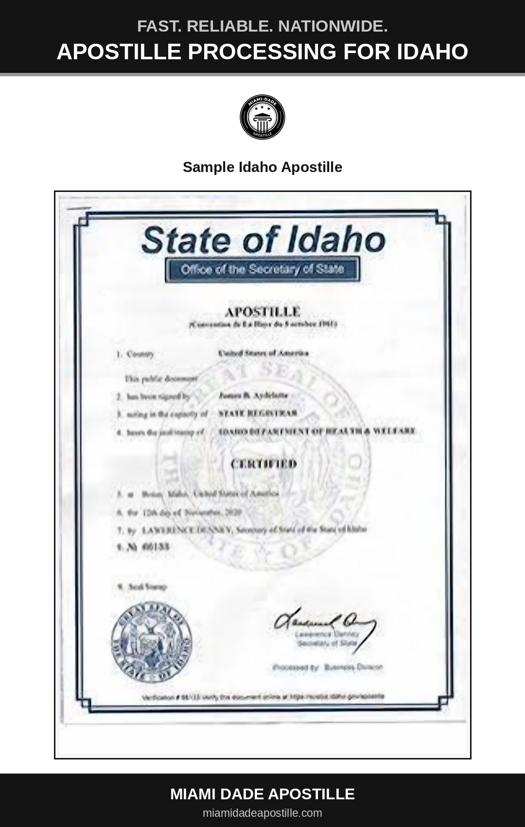 Example of an Idaho apostille certificate shown in a Miami Dade Apostille reference image