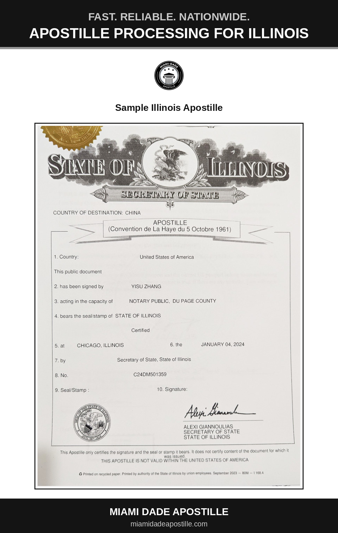 Example of an Illinois apostille certificate shown in a Miami Dade Apostille reference image