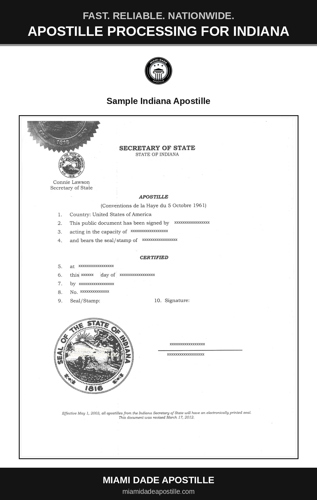 Example of an Indiana apostille certificate shown in a Miami Dade Apostille reference image
