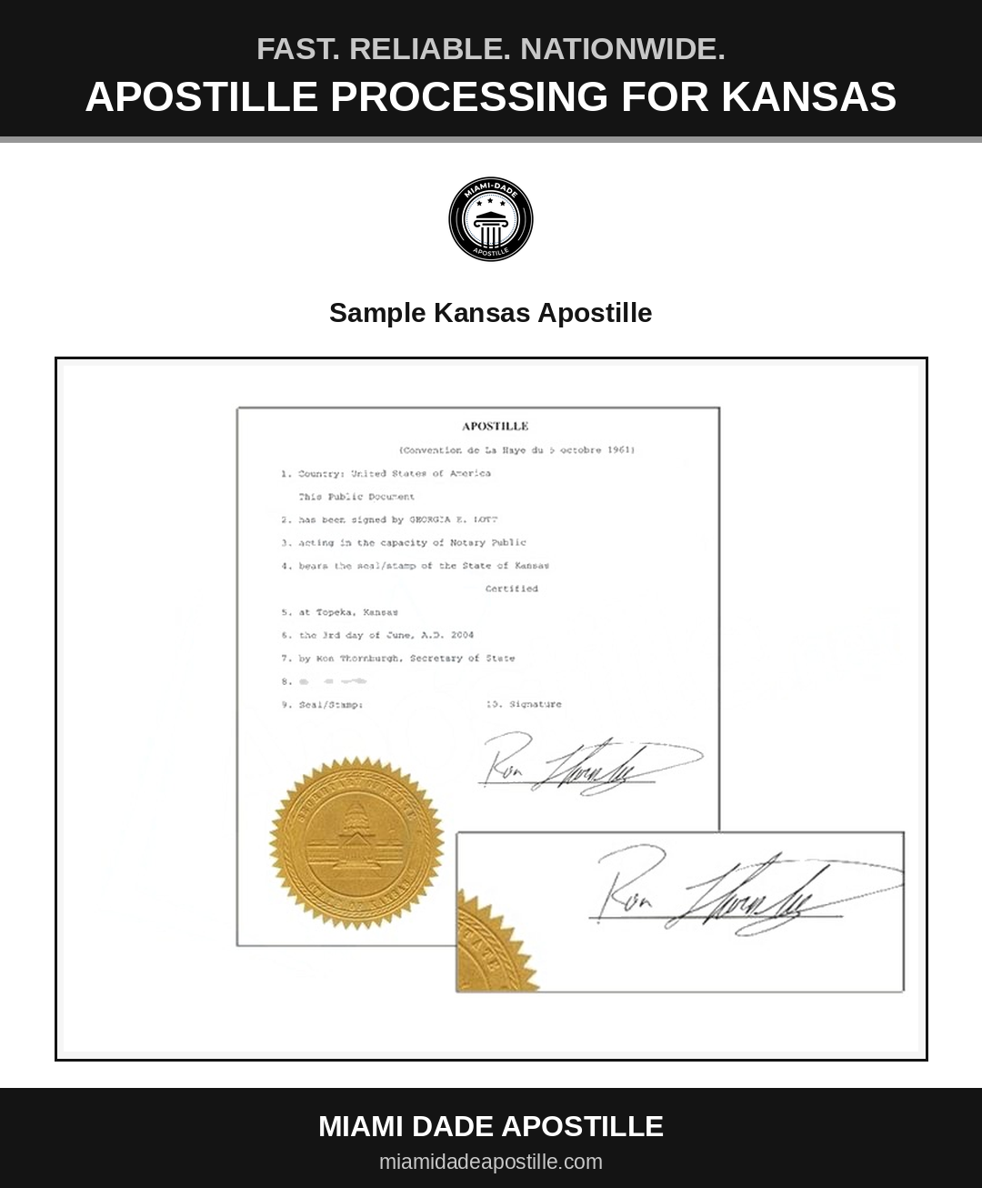Example of a Kansas apostille certificate shown in a Miami Dade Apostille reference image