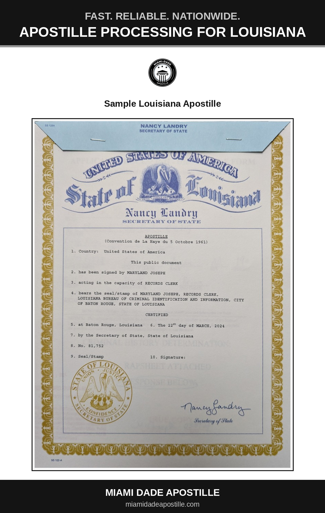 Example of a Louisiana apostille certificate shown in a Miami Dade Apostille reference image