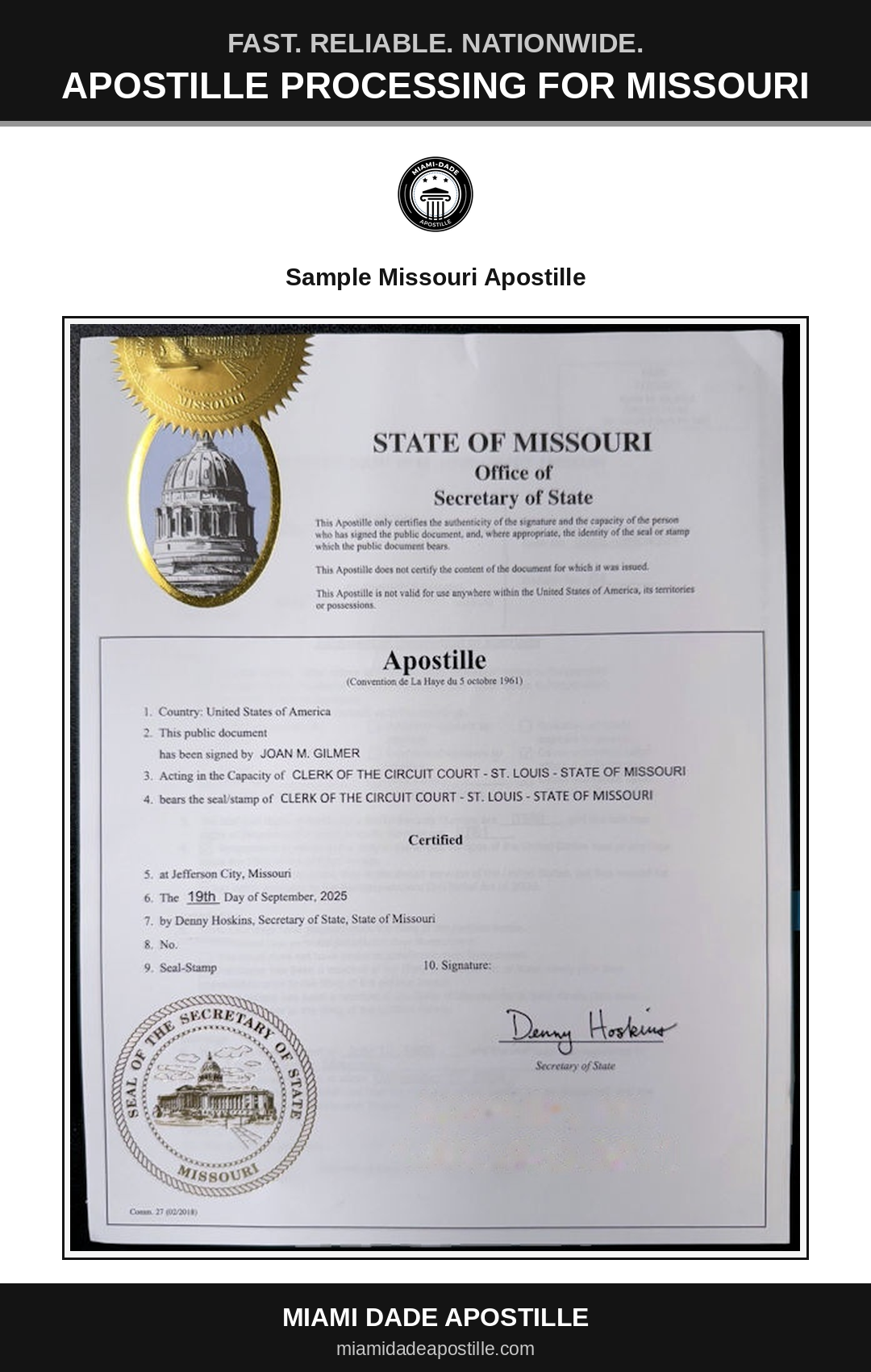 Example of a Missouri apostille certificate shown in a Miami Dade Apostille reference image
