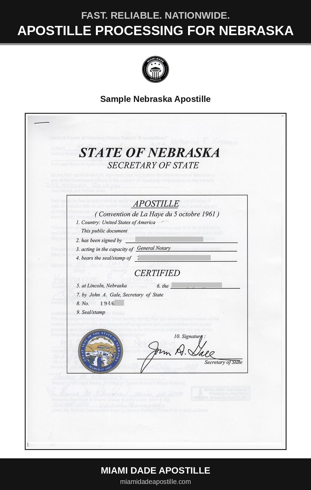 Example of a Nebraska apostille certificate shown in a Miami Dade Apostille reference image