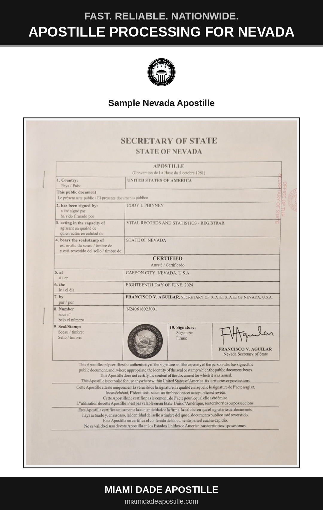 Example of a Nevada apostille certificate shown in a Miami Dade Apostille reference image