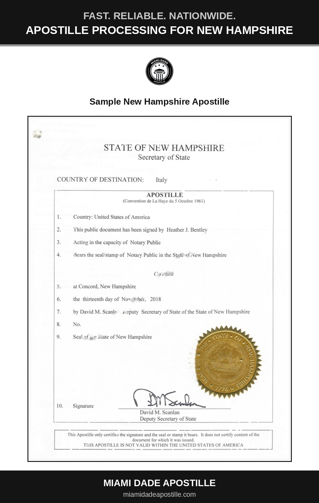 Example of a New Hampshire apostille certificate shown in a Miami Dade Apostille reference image