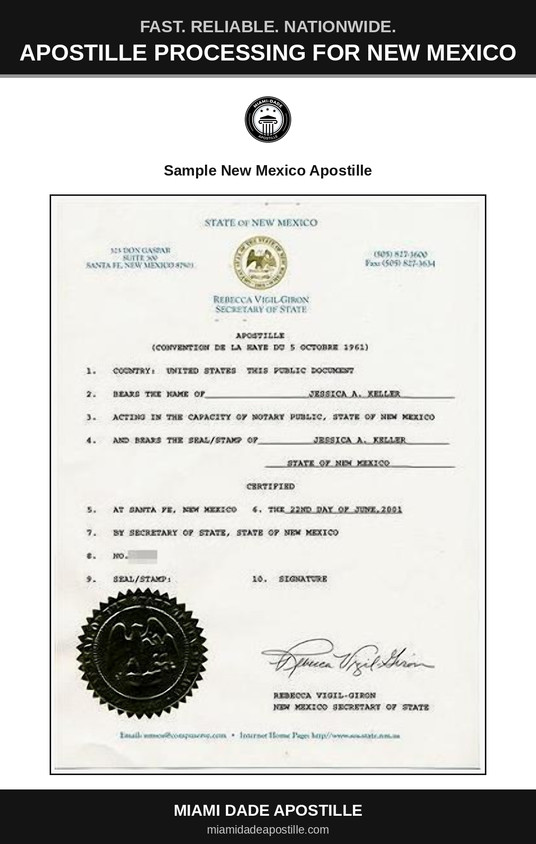 Example of a New Mexico apostille certificate shown in a Miami Dade Apostille reference image