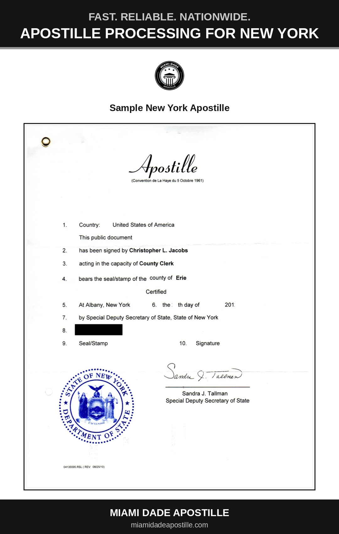 Example of a New York apostille certificate shown in a Miami Dade Apostille reference image