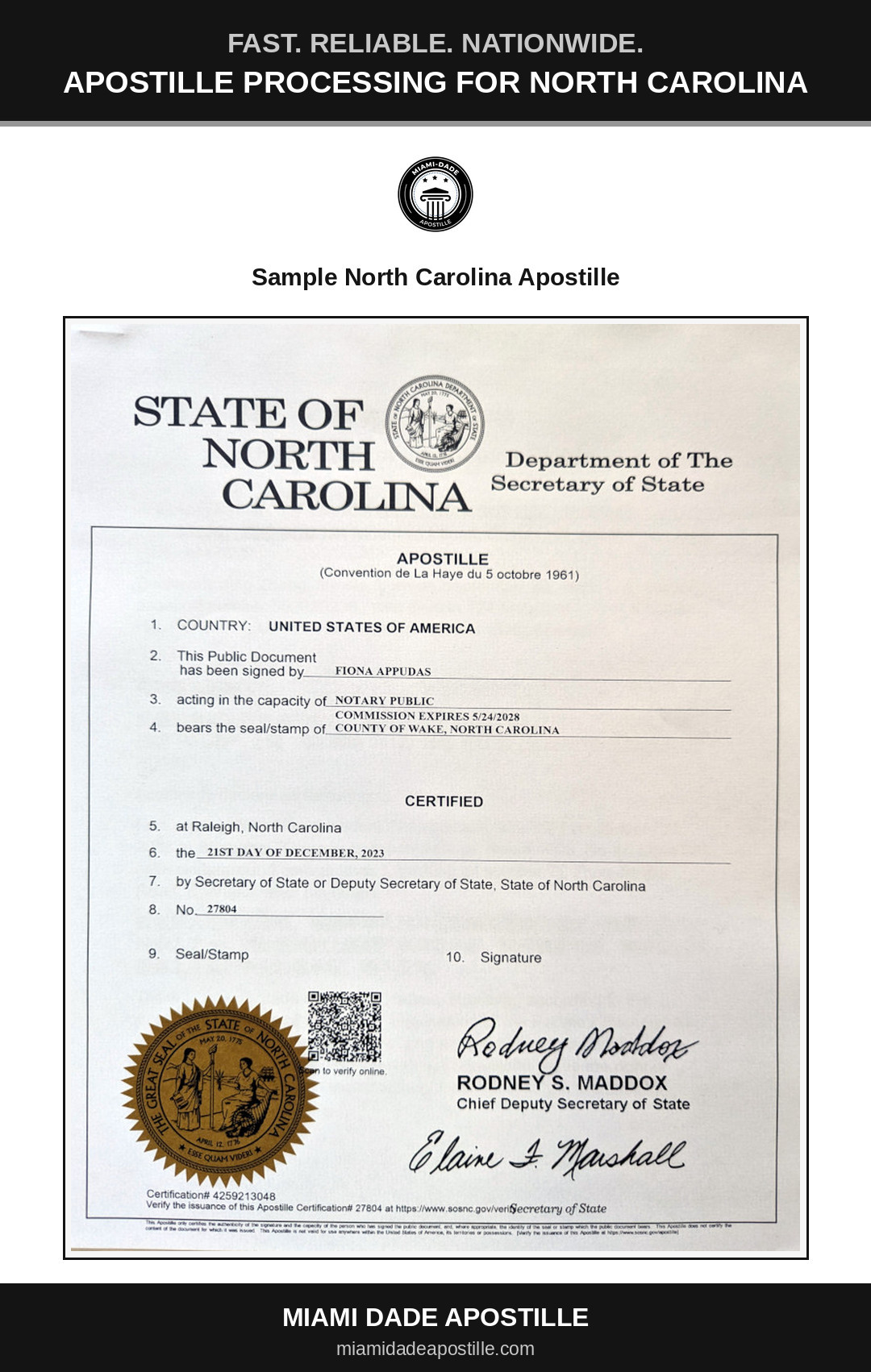 Ejemplo de certificado de apostilla de Carolina del Norte en una imagen de referencia de Miami Dade Apostille