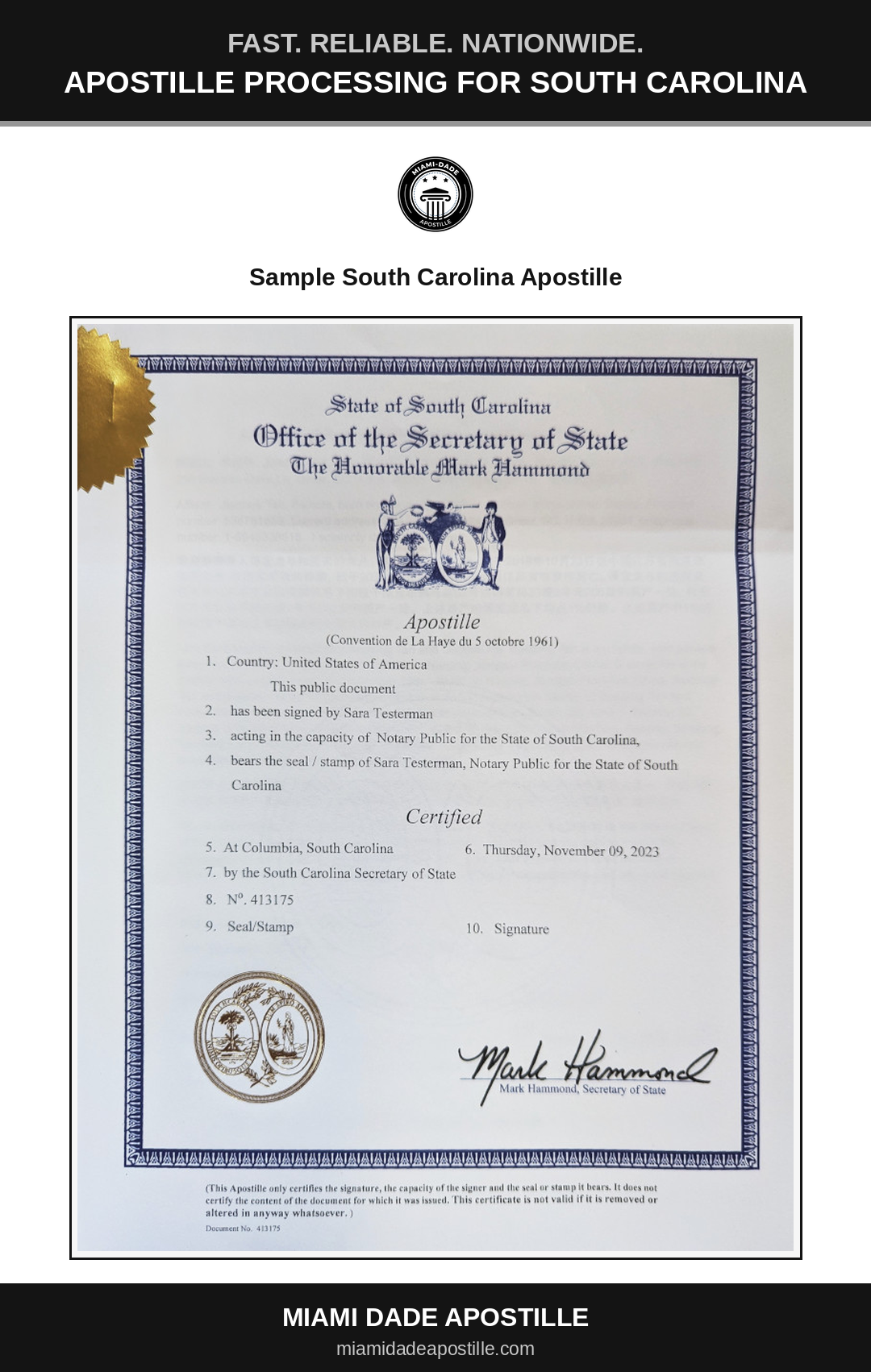 Example of a South Carolina apostille certificate shown in a Miami Dade Apostille reference image