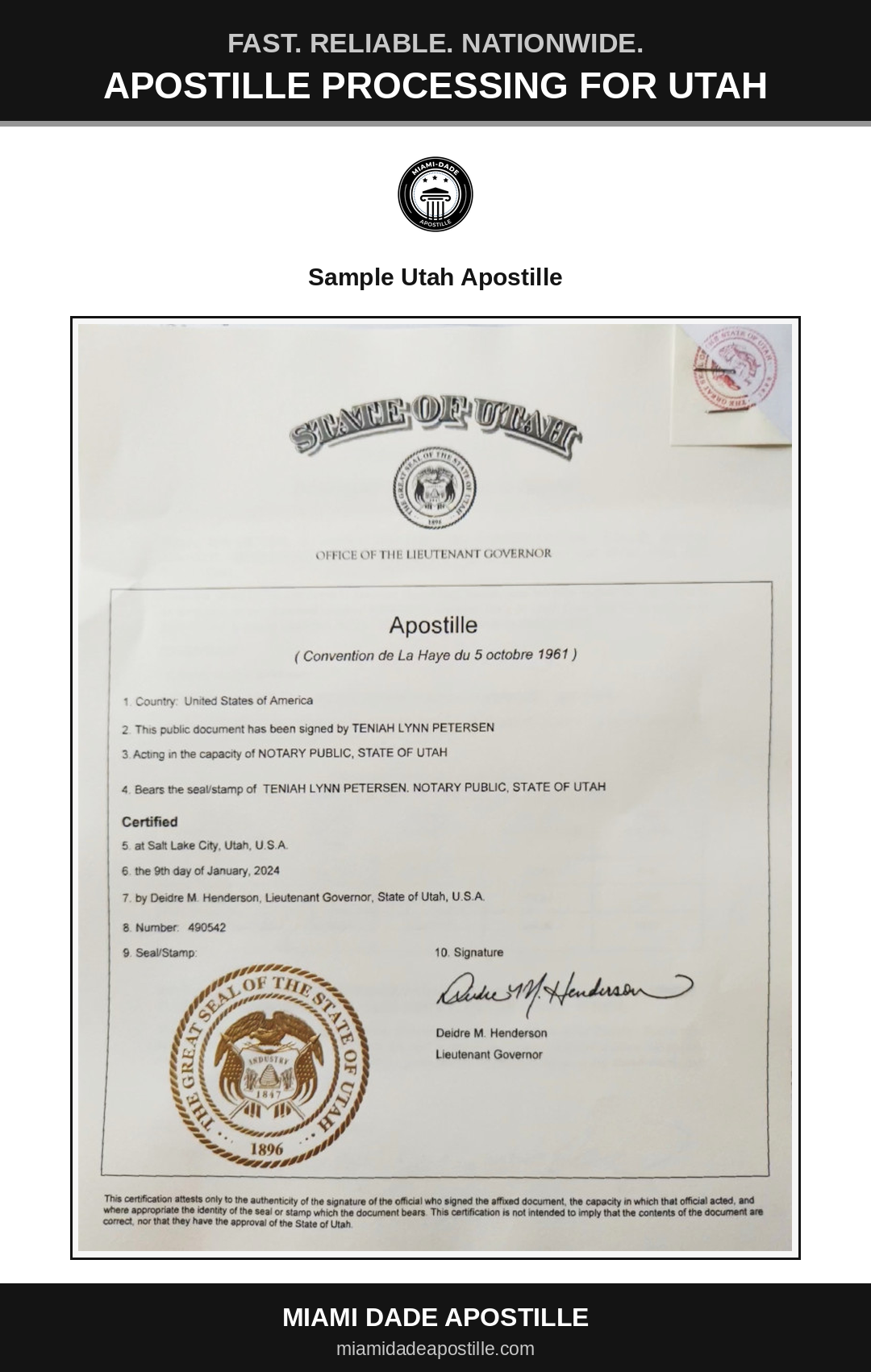Example of a Utah apostille certificate shown in a Miami Dade Apostille reference image