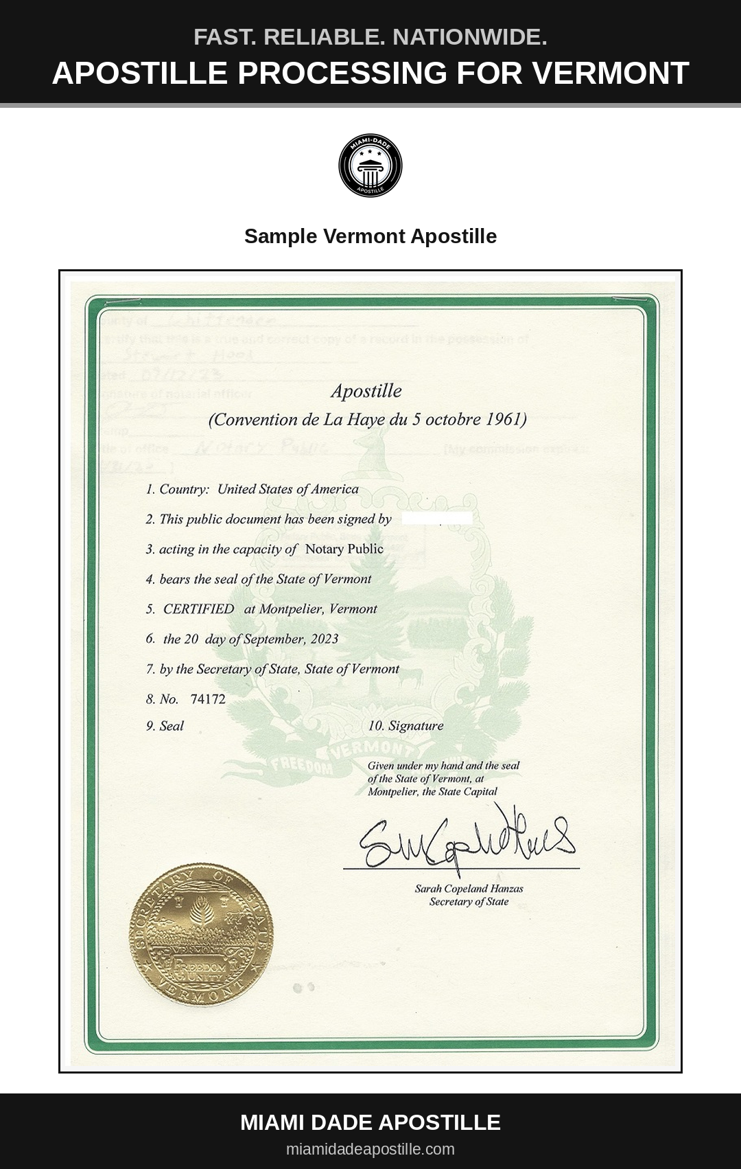Example of a Vermont apostille certificate shown in a Miami Dade Apostille reference image