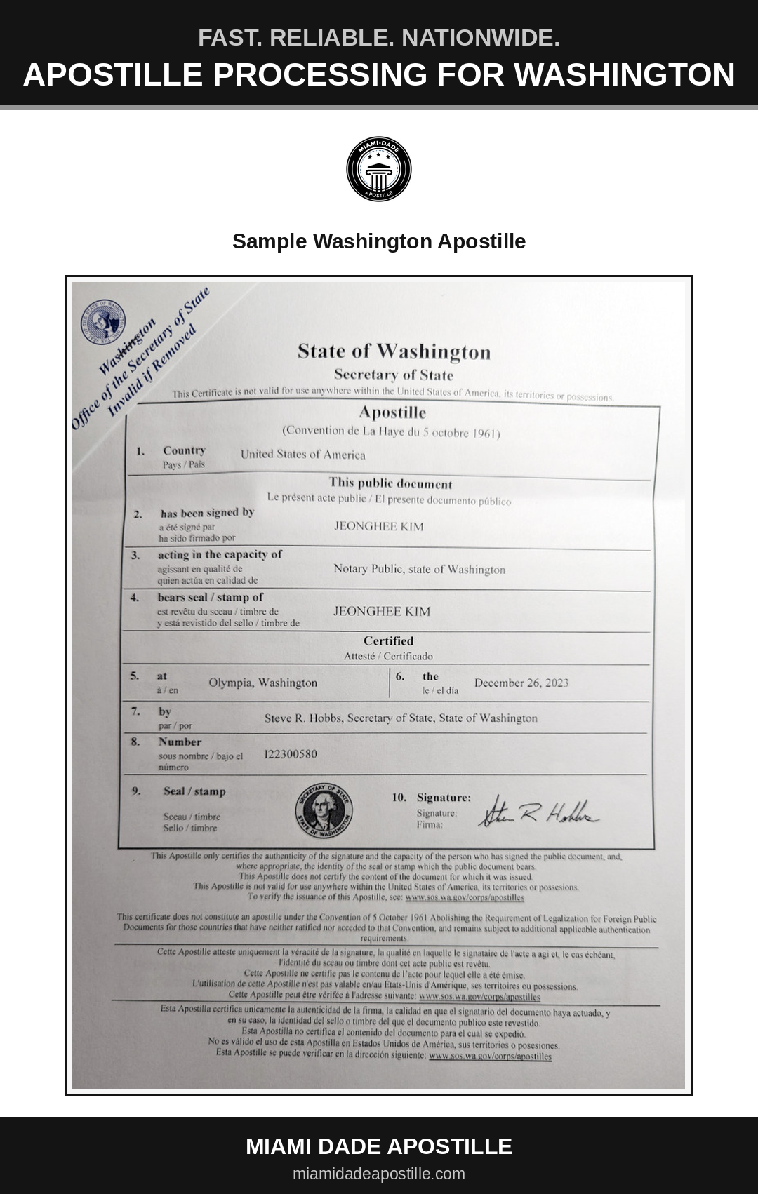 Example of a Washington State apostille certificate shown in a Miami Dade Apostille reference image