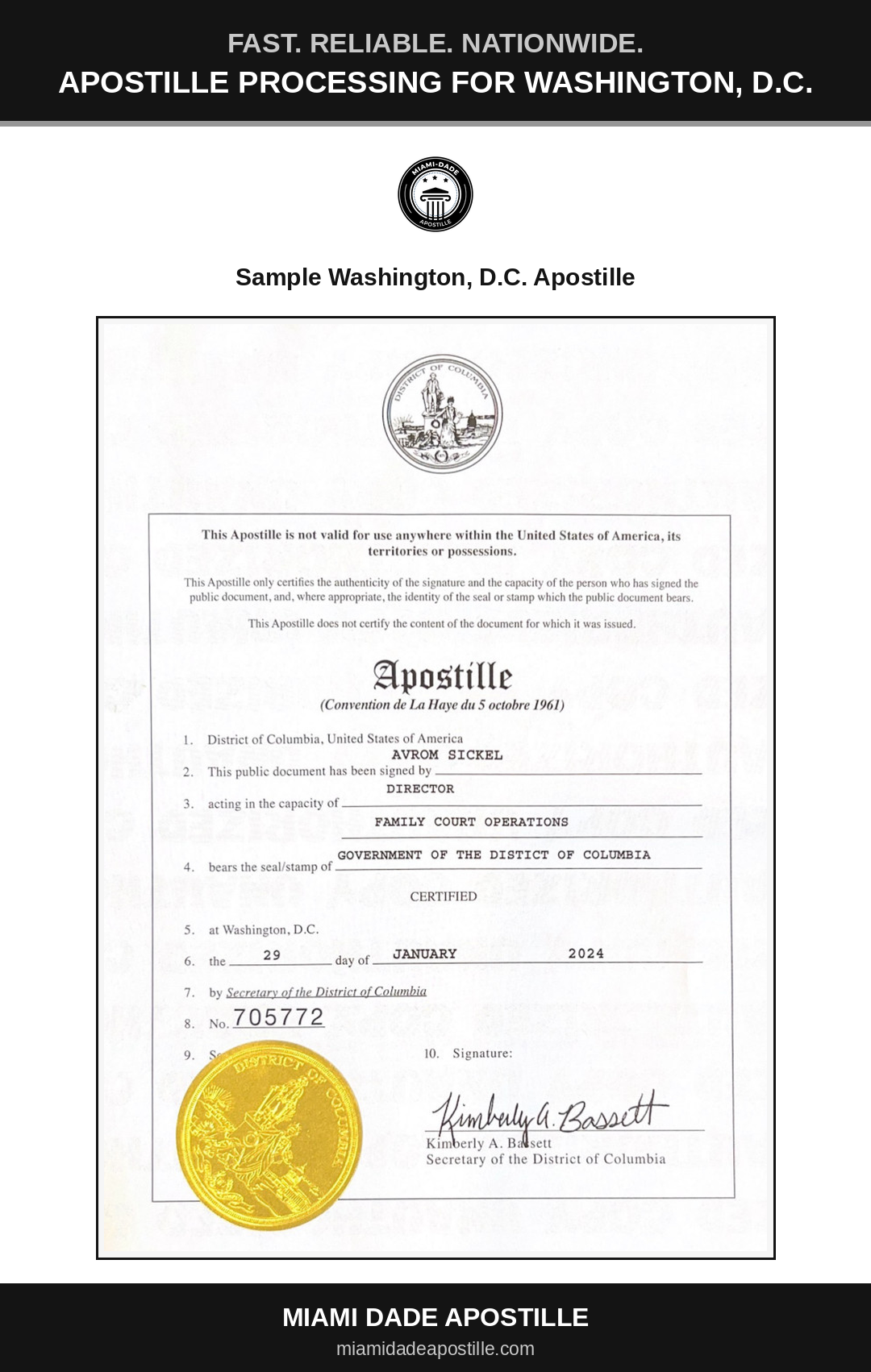 Example of a Washington, D.C. apostille certificate shown in a Miami Dade Apostille reference image